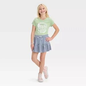 Cat & Jack Girls Large Knit Tiered Skort Striped Blue White Drawcord Waist